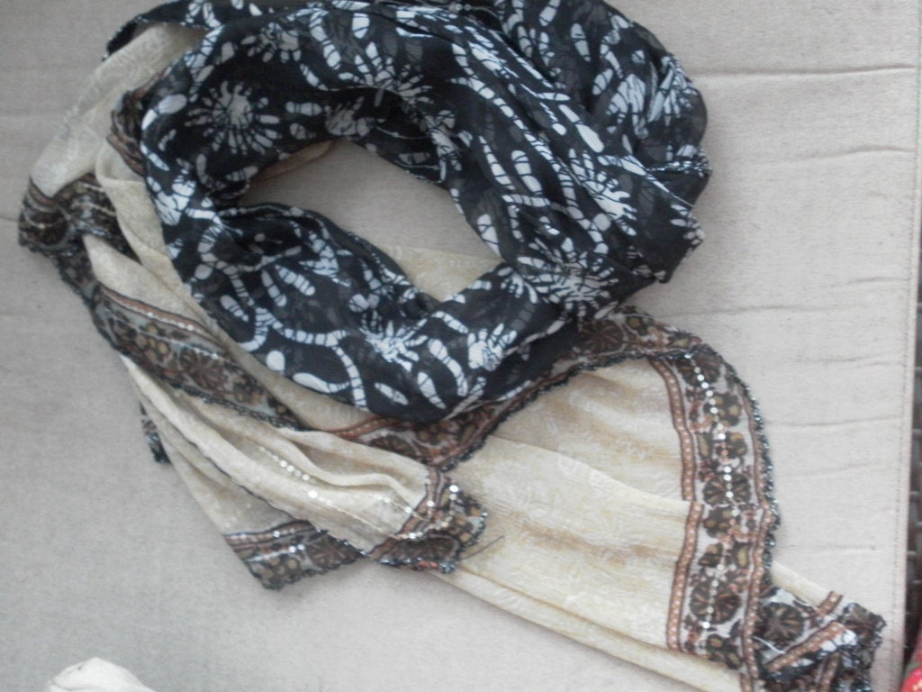 lovely large sequined black and white boho sari silk wrap or scarf
