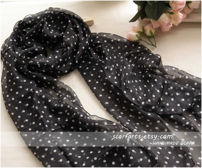 Black Dot Scarf, Black Silk with White Dots Scarf, Fashion Scarf, Summer Scarf, Pashmina, Shawl 100% Silk- 98"x26" Made to Order