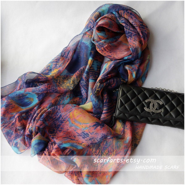 Dark Red and Blue Scarf, Shawl, Pashmina, Abstract Painting Silk Scarf, Long Soft Wrap Shawl Scarf Women's Fashion - 79"x25" Handmade Scarf