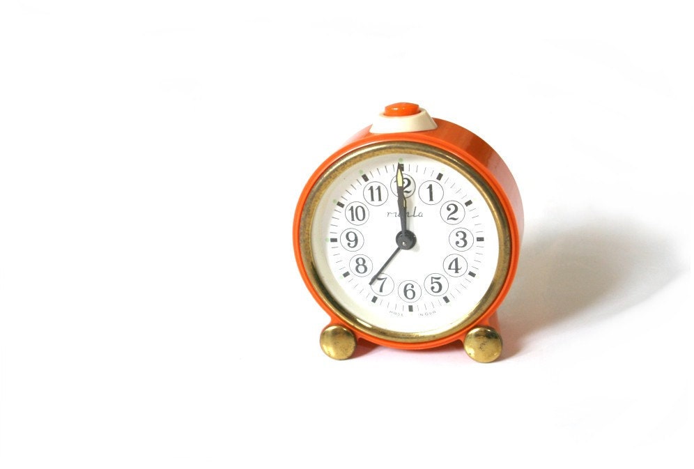 Vintage German Alarm Clock Orange RUHLA East Germany Mechanical