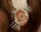 vintage inspired wedding flower hair piece pink cream ivory feathers - photo prop - hair clip fabric flower children newborn flower girl