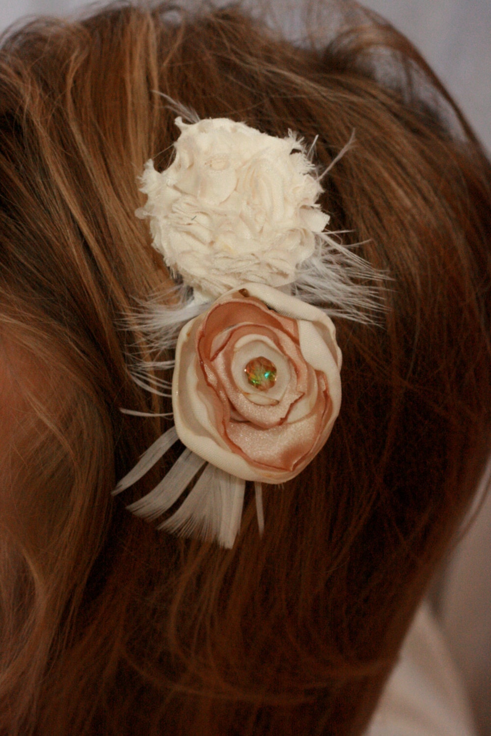 vintage inspired wedding flower hair piece pink cream ivory feathers - photo prop - hair clip fabric flower children newborn flower girl
