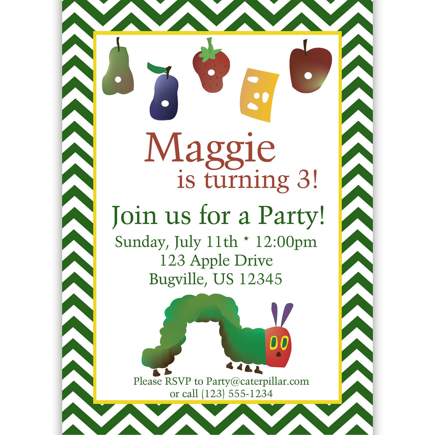 Caterpillar Invitation - Green Chevron Caterpillar Personalized Birthday Party Invite - a Digital Printable File