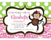 Mod Monkey Invitation - Pink Damask and Green Polka Dots Girl Mod Monkey Personalized Birthday Party Invite - a Digital Printable File