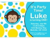 Mod Monkey Invitation - Blue and Yellow Polka Dots Boy Mod Monkey Personalized Birthday Party Invite - a Digital Printable File
