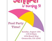Pool Party Invitation - Girls Pink and Purple Beach Umbrella Personalized Birthday Party Invite - a Digital Printable File