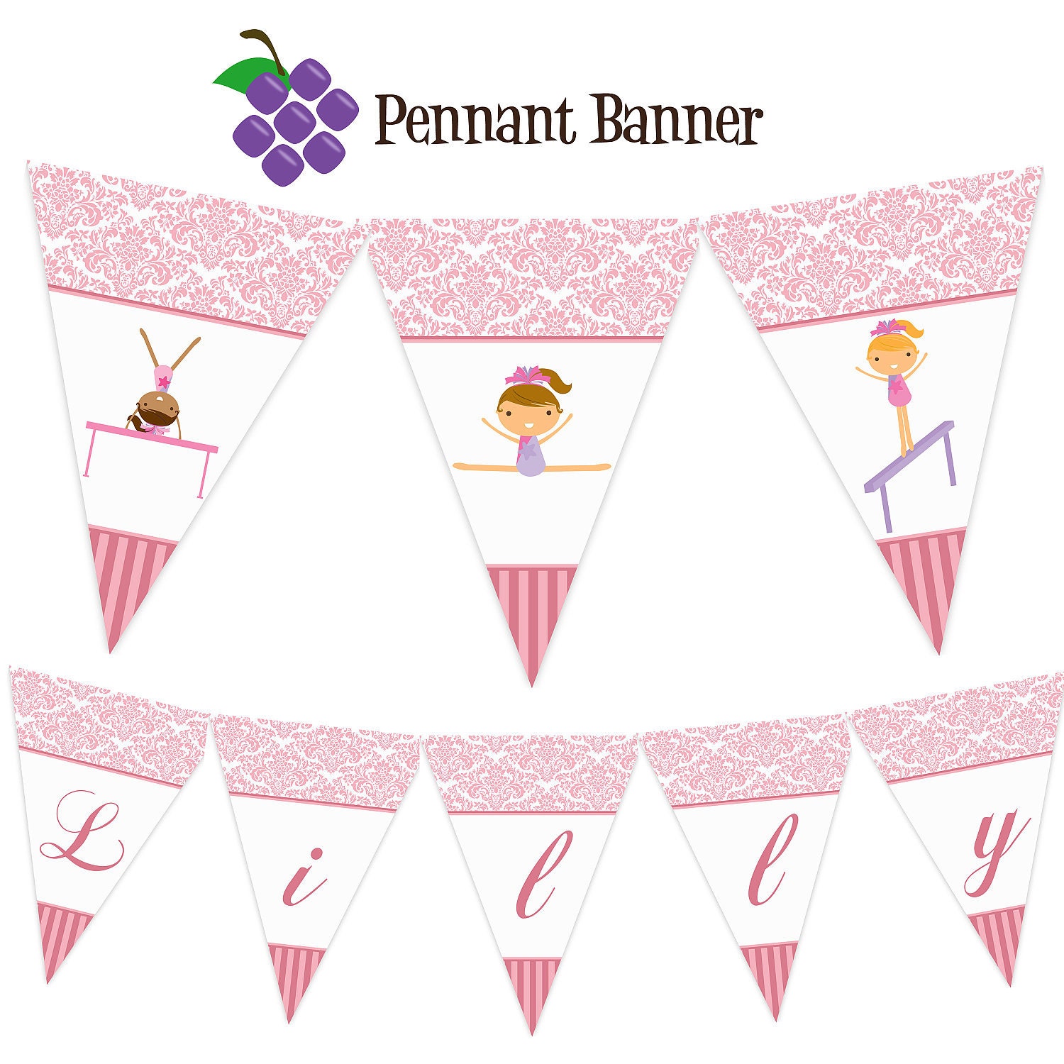 Gymnastic Pennant Banner - Pastel Pink Damask Girl Gymnast Personalized Birthday Party Banner - A Digital Printable File