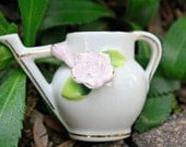 Spring decor mini ceramic watering can with pink flower and gold trim - thefrolickingfrog