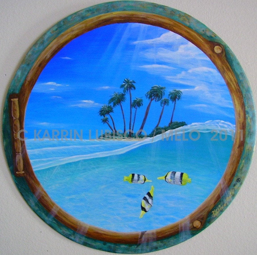Original Handmade Acrylic Painting of Tropical Fish on Island / Wood Window Porthole / Fine art  Great Gift on Etsy