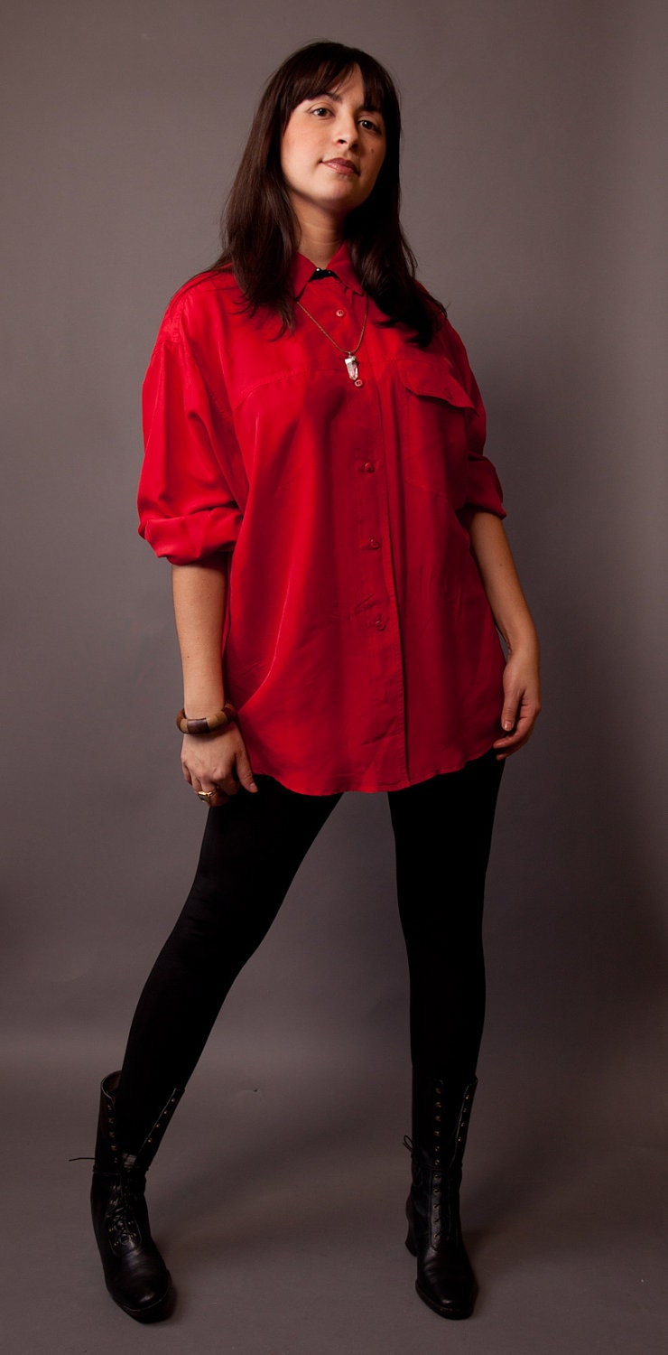 Vintage 1980s bright red pure silk oversized blouse. One size.