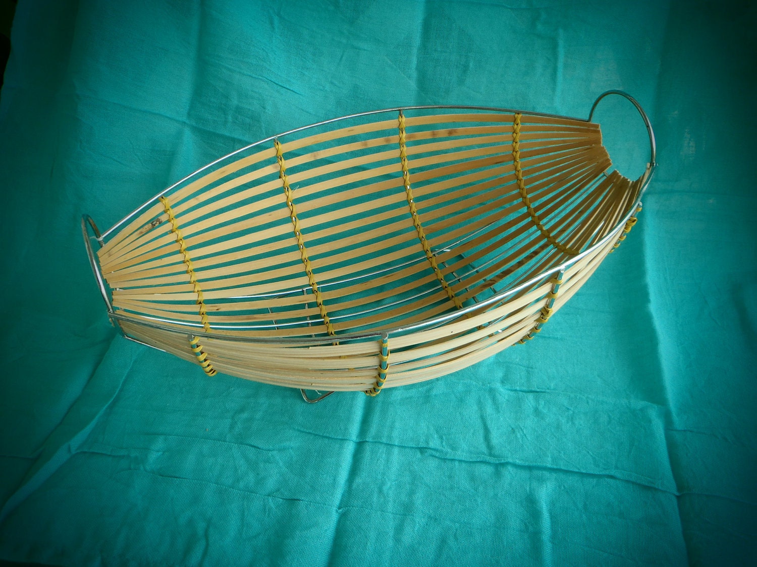 Mid-Century Modern Bamboo and Stainless Steel Bread or Fruit Basket