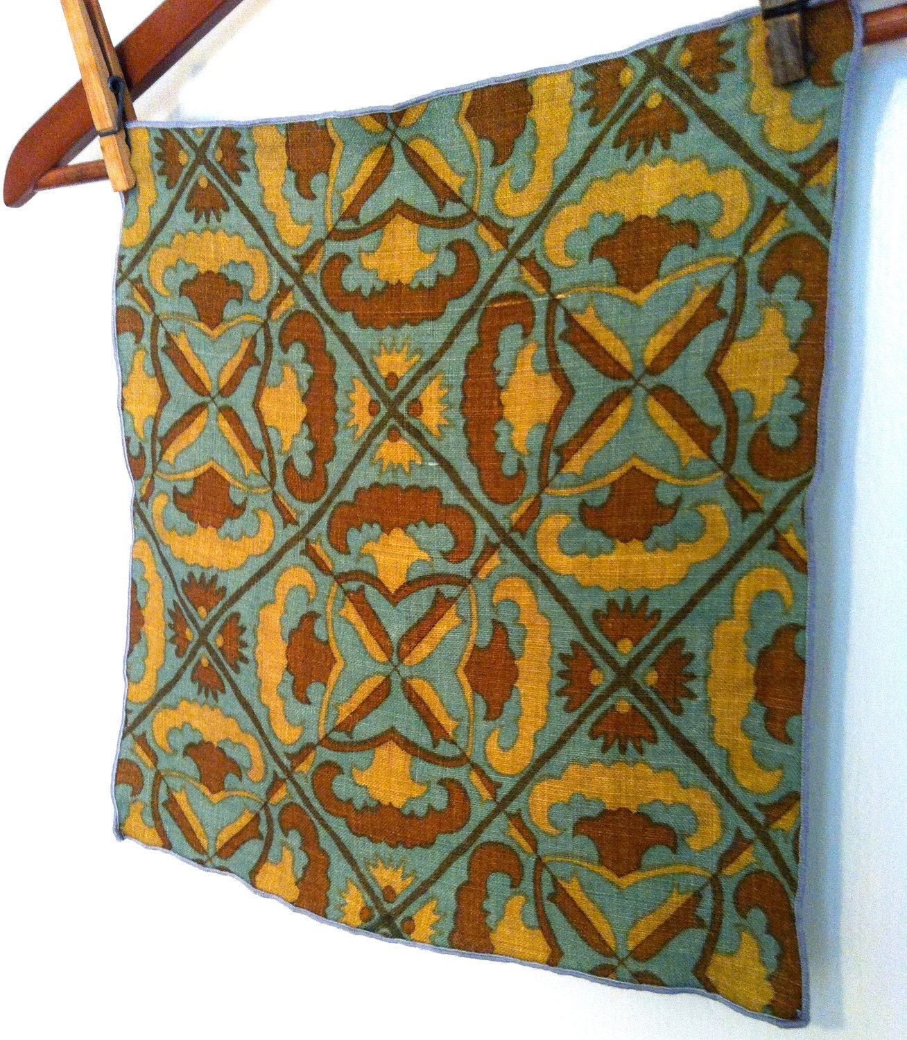 SALE - Retro Vintage Napkins - Four - Geometric Blue / Gold Pattern - Fallani and Cohn Italian linen textile mustard italy tea towel