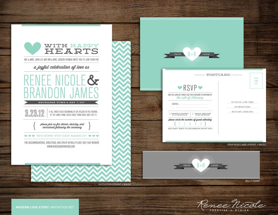 Wedding Invitation SET -- Chevron "Modern Love Story" -- 50 Invites, RSVP Postcards and Bellybands