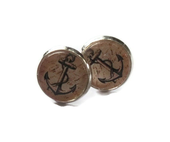 Anchor Earrings, Nautical Jewelry, Sepia Ear Studs