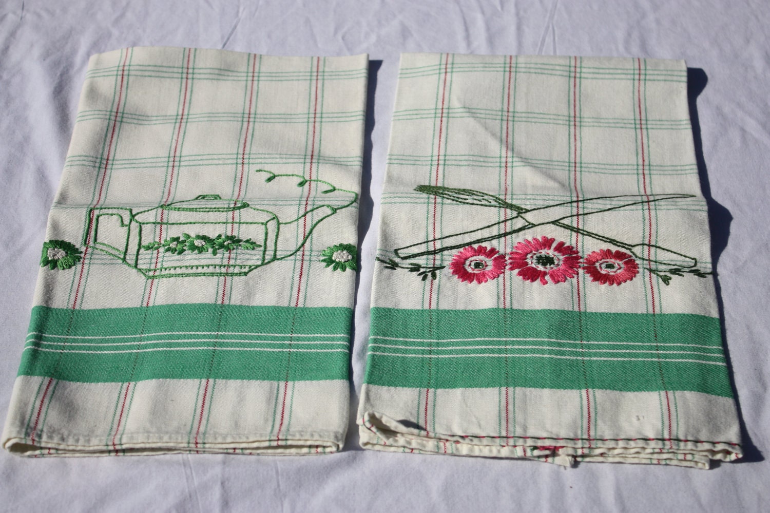 Vintage Linen Tea Towels Embroidered Tea Kettle Knife Fork Green Stripes On White Pink Green Flowers