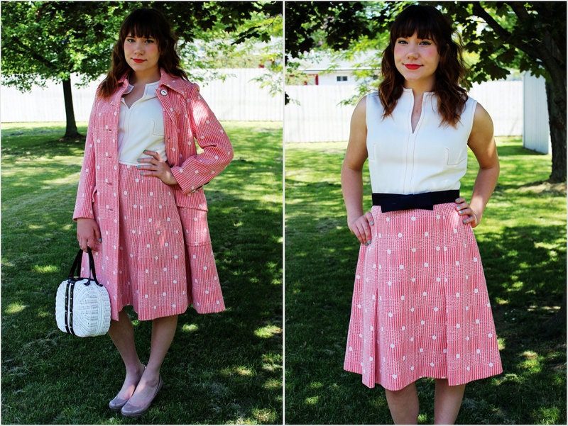 60s Vintage Mod Red Polka Dot  A-Line Dress & Matching Coat (Medium)