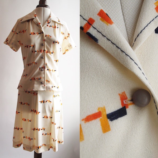 SALE ITEM Vintage original 1960's /1970's patterned cream 2 piece skirt and short sleeved shirt outfit by Lerose, size 12