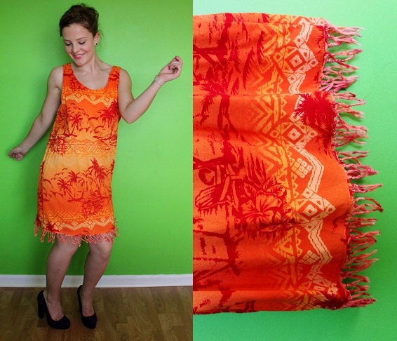 VINTAGE Short Orange Tropical Pull-Over Dress with Fringe