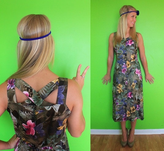 SPRING SALE ITEM Vintage Foral Maxi Dress with Criss Cross Straps
