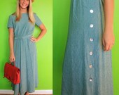 VINTAGE - Tea Length Green and White Polka Dress with Belt & Buttons Down the Side