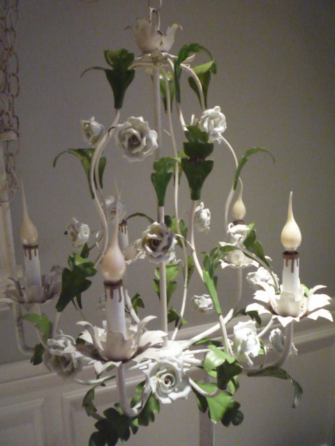 Vintage White Porcelain Rose Tole Chandelier Metal Leaves Italy Birdcage Basket Style