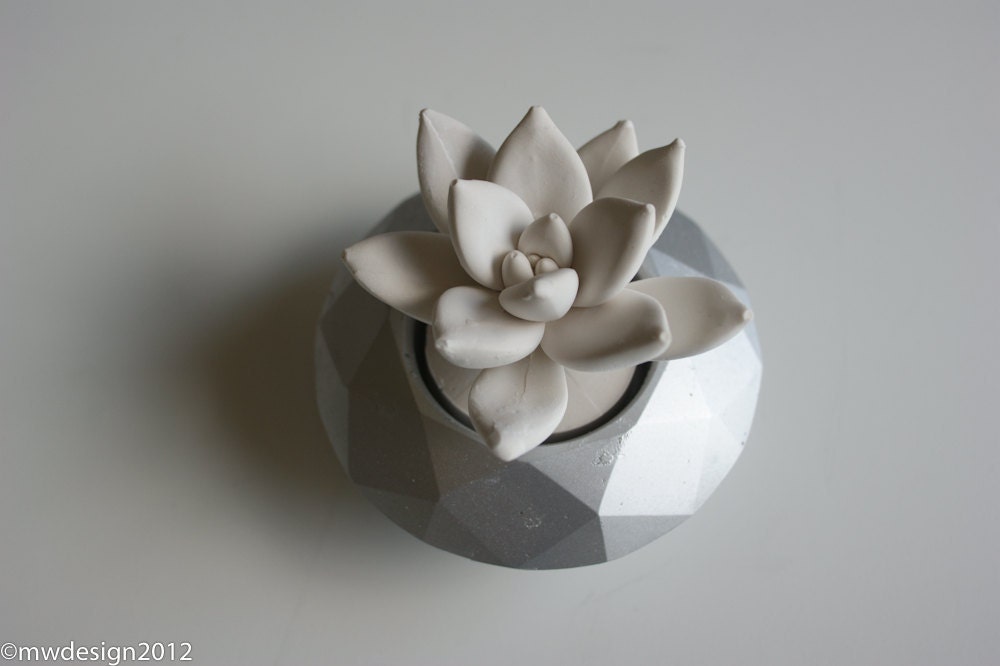 White Succulent Sculpture, Modern Silver Faceted Geometric Container, Desktop Accessory, Tabletop Centerpiece