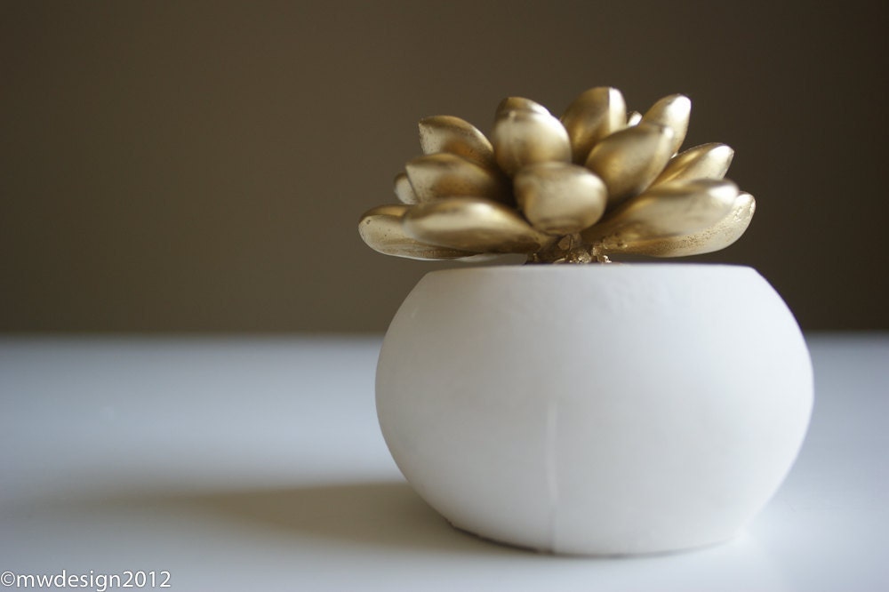 Succulent Sculpture in White Modern Round Container, Tabletop Centerpiece, Springtime Desktop Accessory