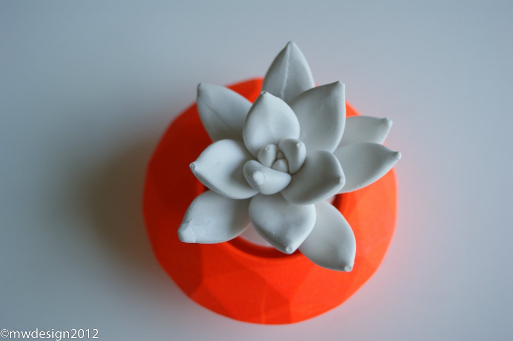 Neon Orange Modern Faceted Geometric Container, White Succulent Sculpture, Desktop, Tabletop Centerpiece