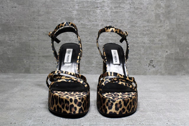 Vtg 90s Leopard Satin Chunky Heel Platform Strappy Sandals 7