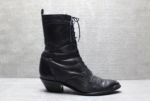 Vtg 80s Black Leather Western Tall Lace up Roper Boots 8