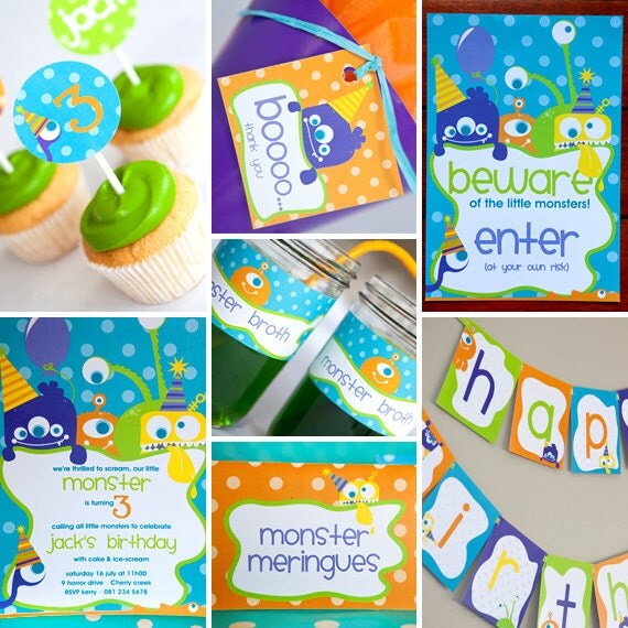 Monster Party Theme Collection - Instantly Downloadable and Editable File - Personalize at home with Adobe Reader