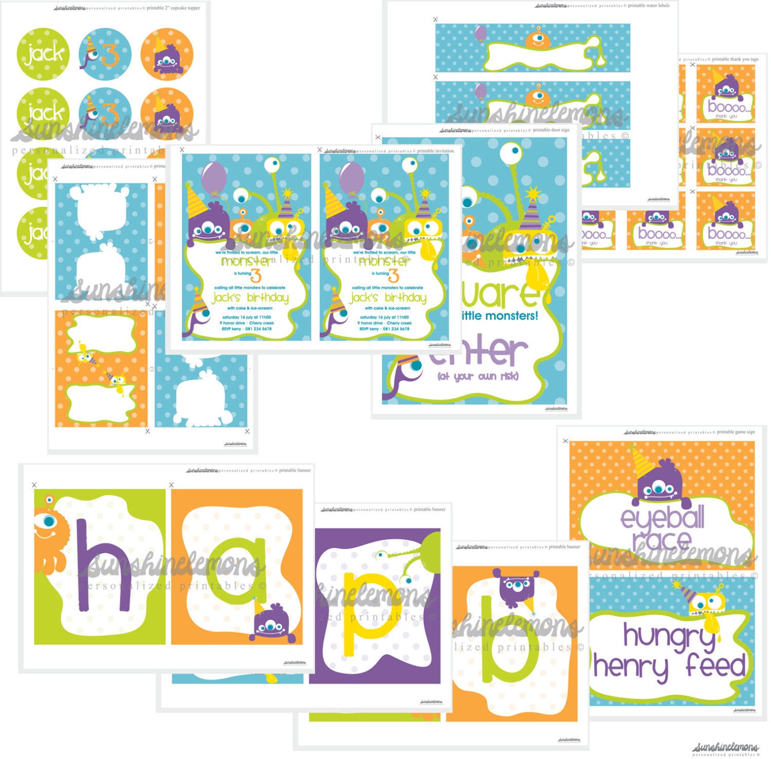 Monster Party Theme Collection - Instantly Downloadable and Editable File - Personalize at home with Adobe Reader