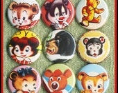 9 vintage artwork of Bears 1" inch buttons, medallions or magnets SET  A