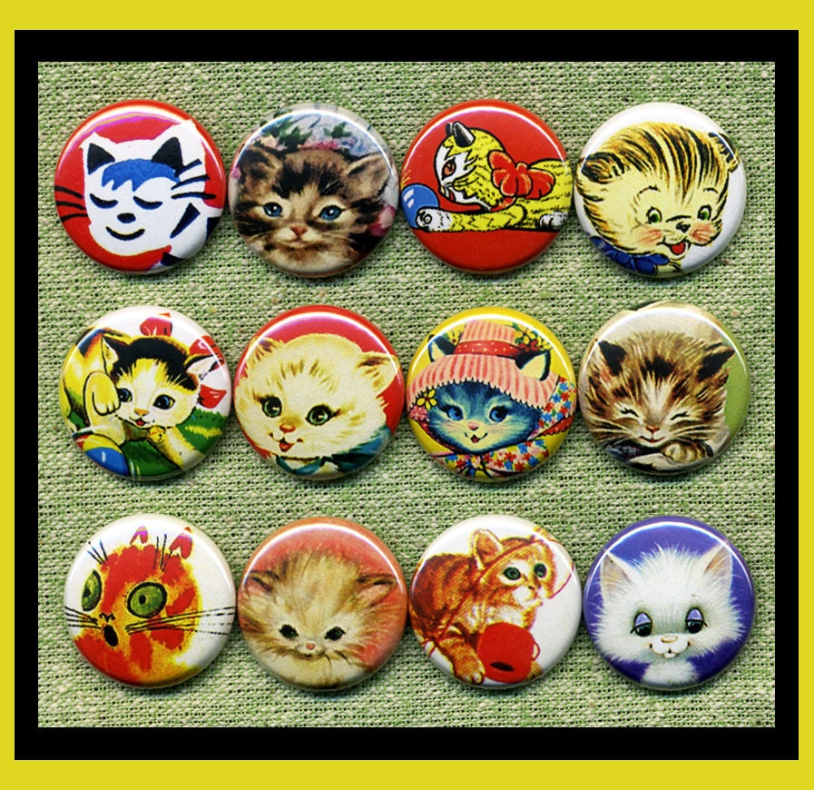 12 cute vintage KITTENS 1" inch buttons, medallions or magnets SET B