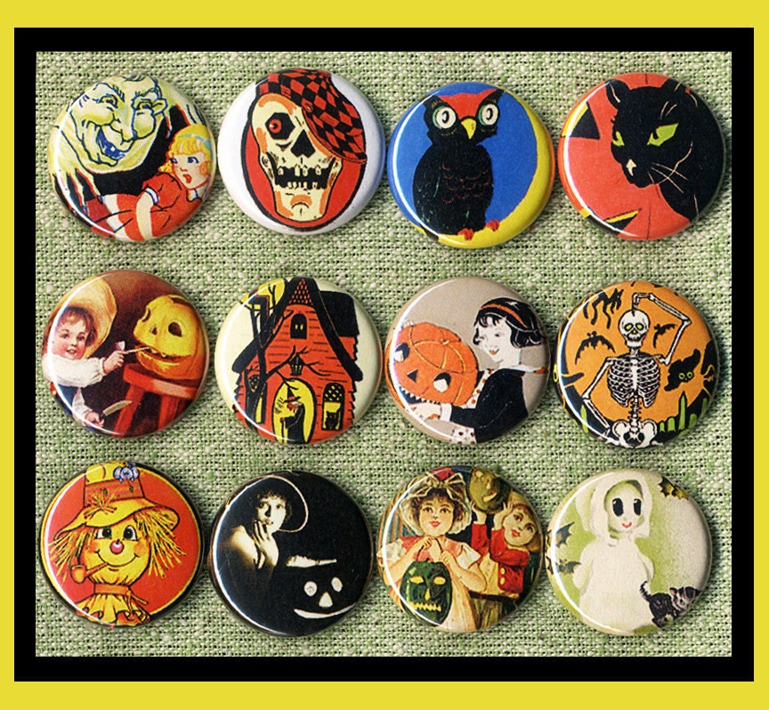 9 vintage scary HALLOWEEN 1" inch buttons, medallions or magnets SET B
