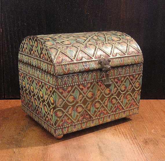 Beautiful Vintage Tin English Treasure Chest Box with Embossed Details - Swoon Worthy - tinprincess