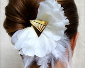 Art Deco Bridal Hair Accessory, 1920s Style Soft White Wedding Hair Flower, Vintage Gold Wedding Fascinator, Feather Flower - "Altar Ego"