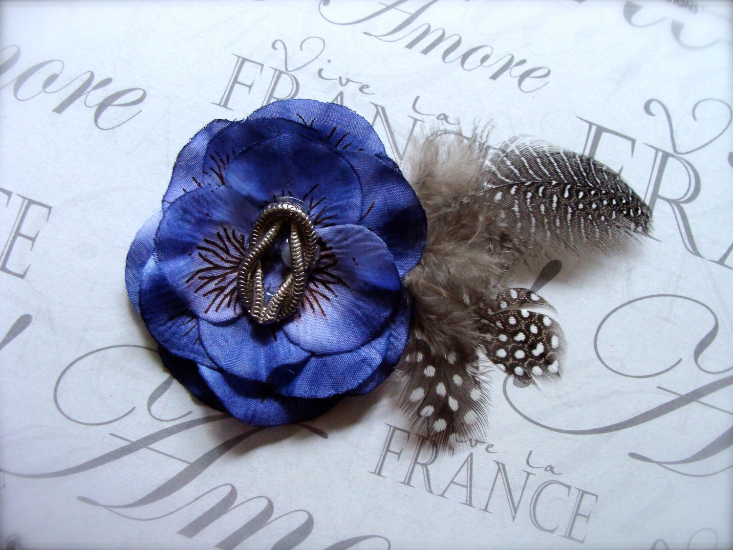 Hair Accessory, Parisian Fascinator, Flower Hair Clip, Amethyst, Small Feather Flower Hair Clip, Vintage Silver Clip - "Midnight in Paris"