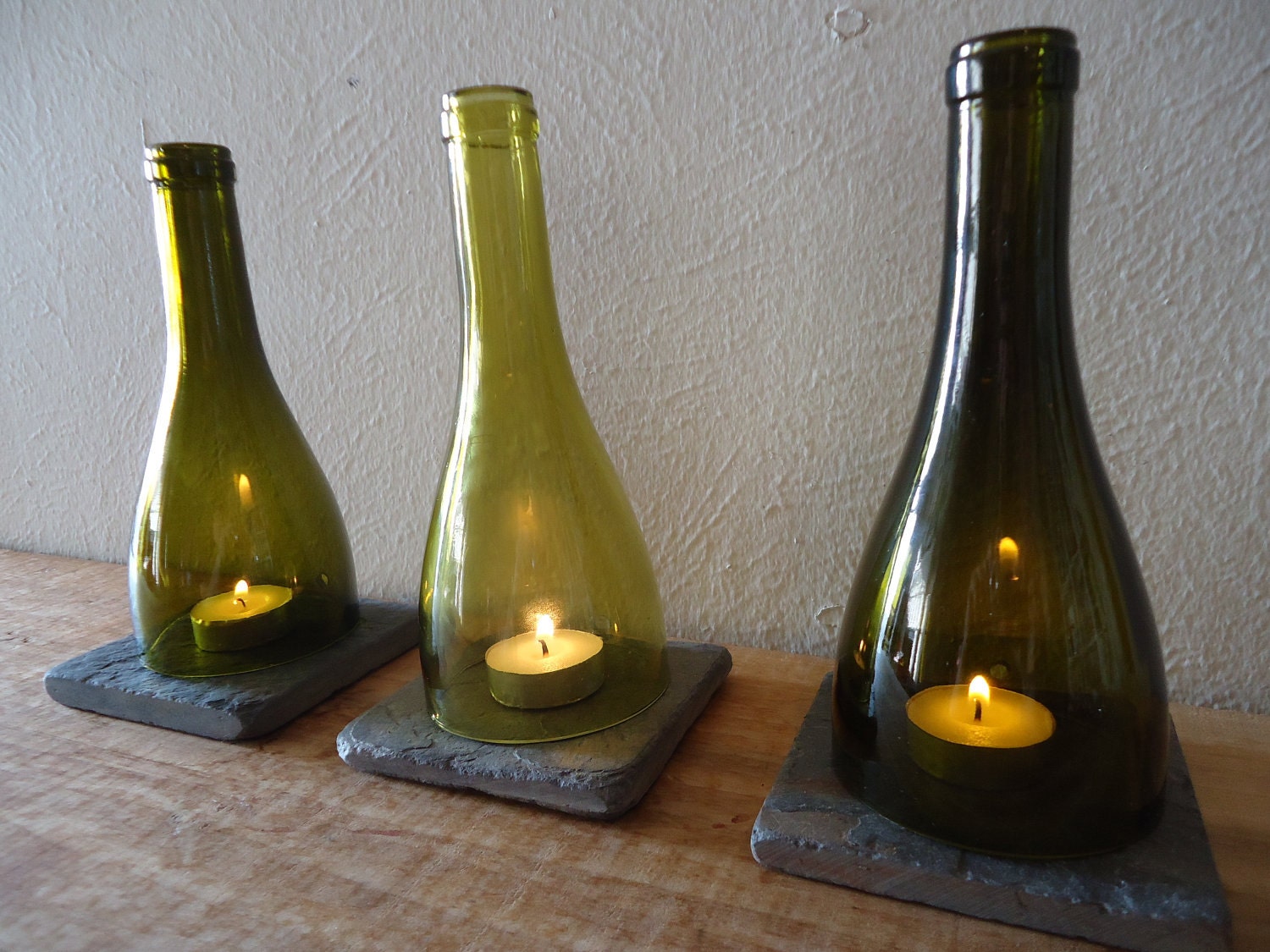 Tea Light Candle Holders Hurricane Lamps Lanterns made from Upcycled Wine Bottles Large Quantities Available