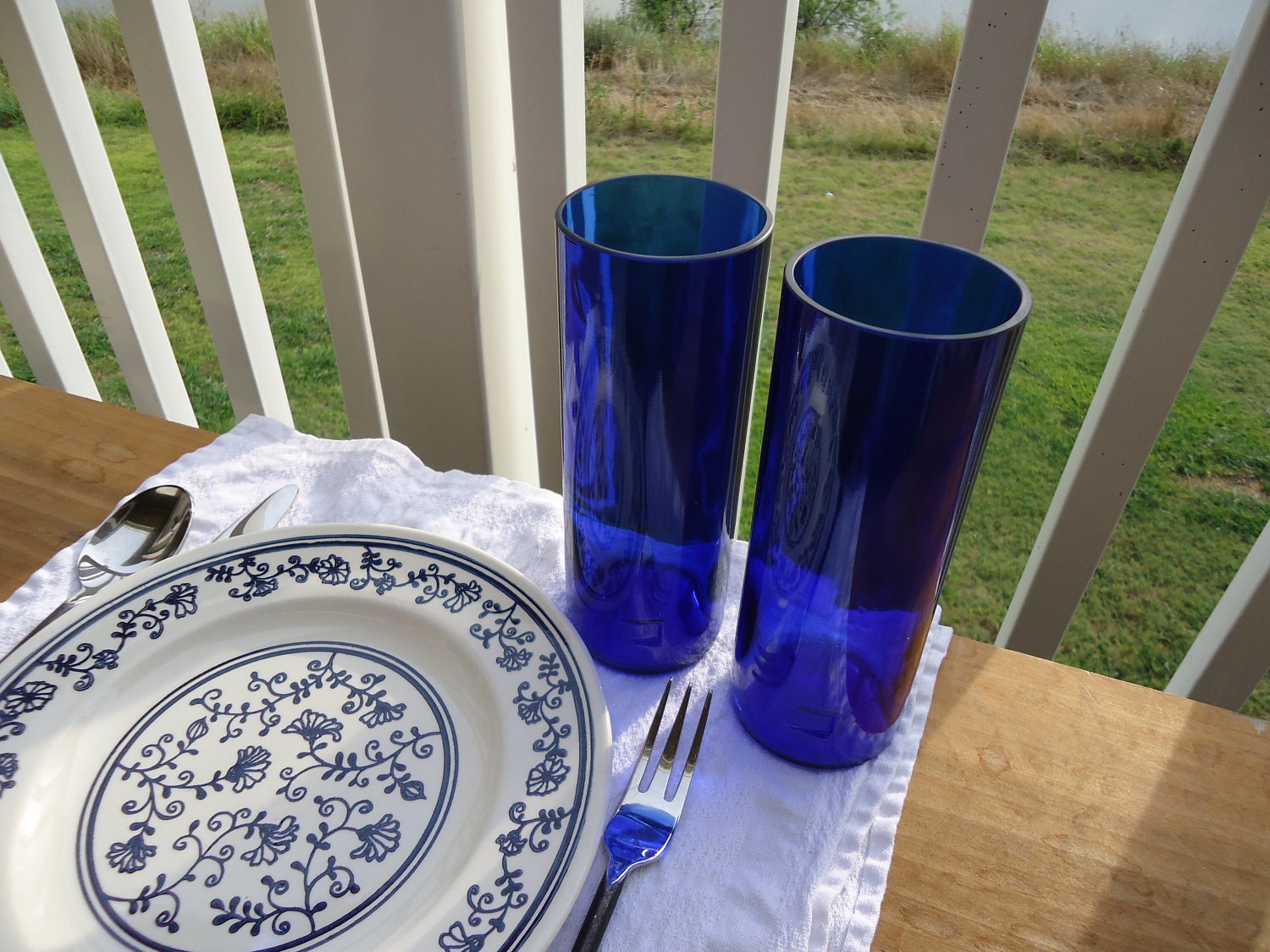 Upcycled Skyy Vodka Bottle Tumblers Drinking Glasses Tall Cobalt Blue Set of 2