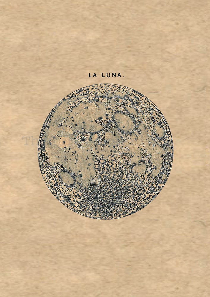 Full Moon "La Luna" Print Recovered Vintage Image to Frame