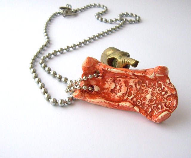 Necklace, pendant, ceramic clay, chain, red, reddish, peach, ornament RESERVATION