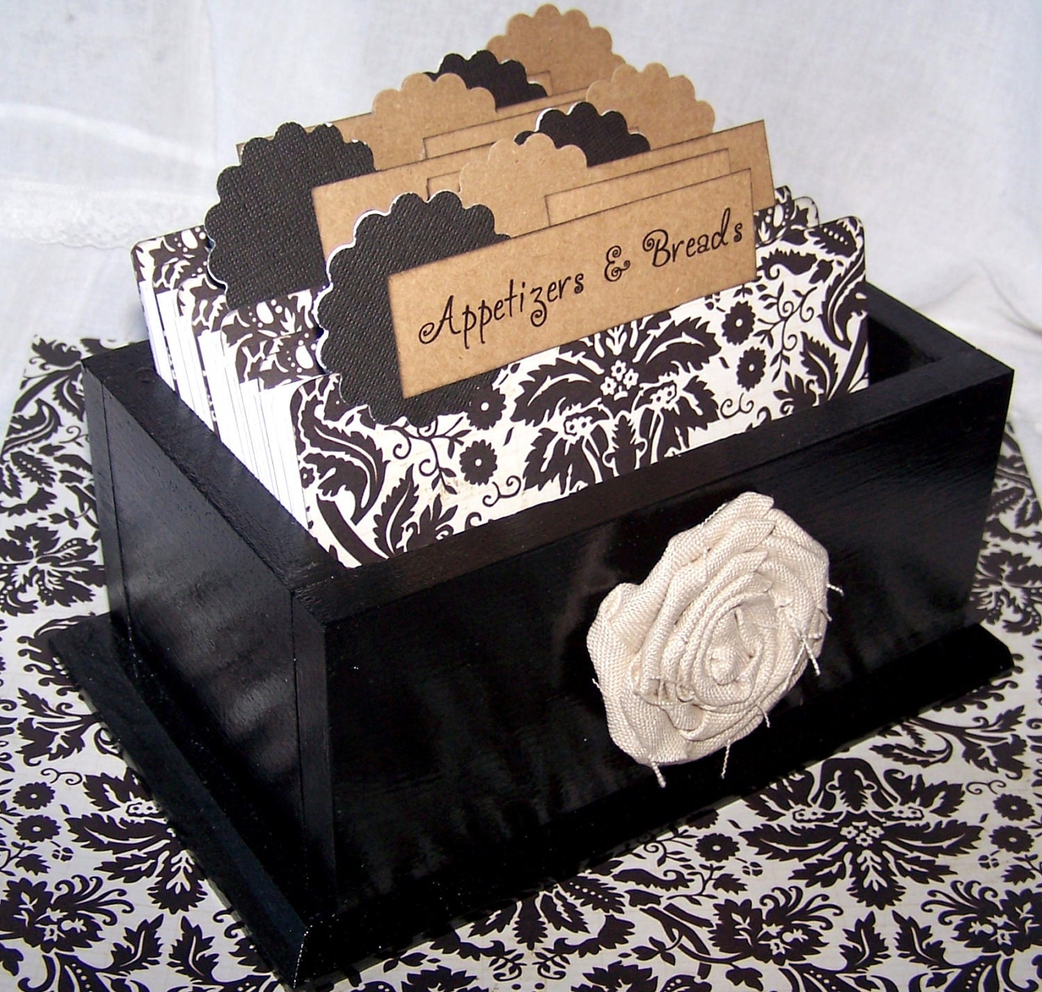 Recipe Box - Dividers and 4 x 6 Recipe Cards - Black and White Damask, Black Gloss Box