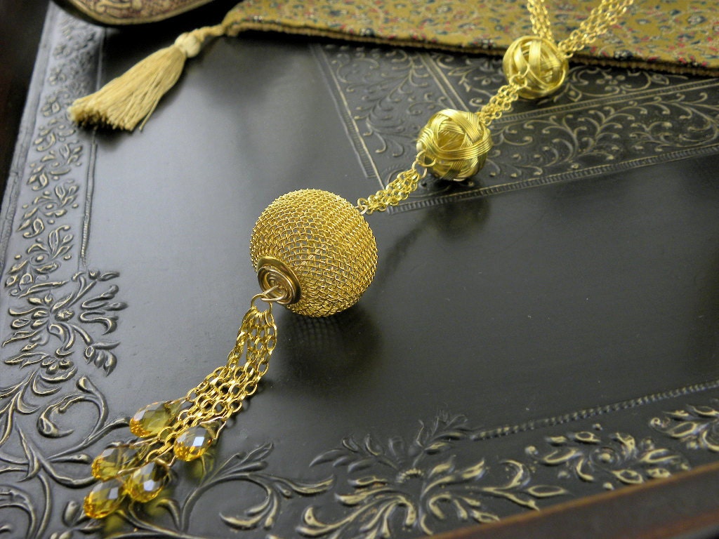 Gold Chain Lariat Tassel Necklace Wire Mesh Beads Topaz Chinese Crystals - Fashion Jewelry