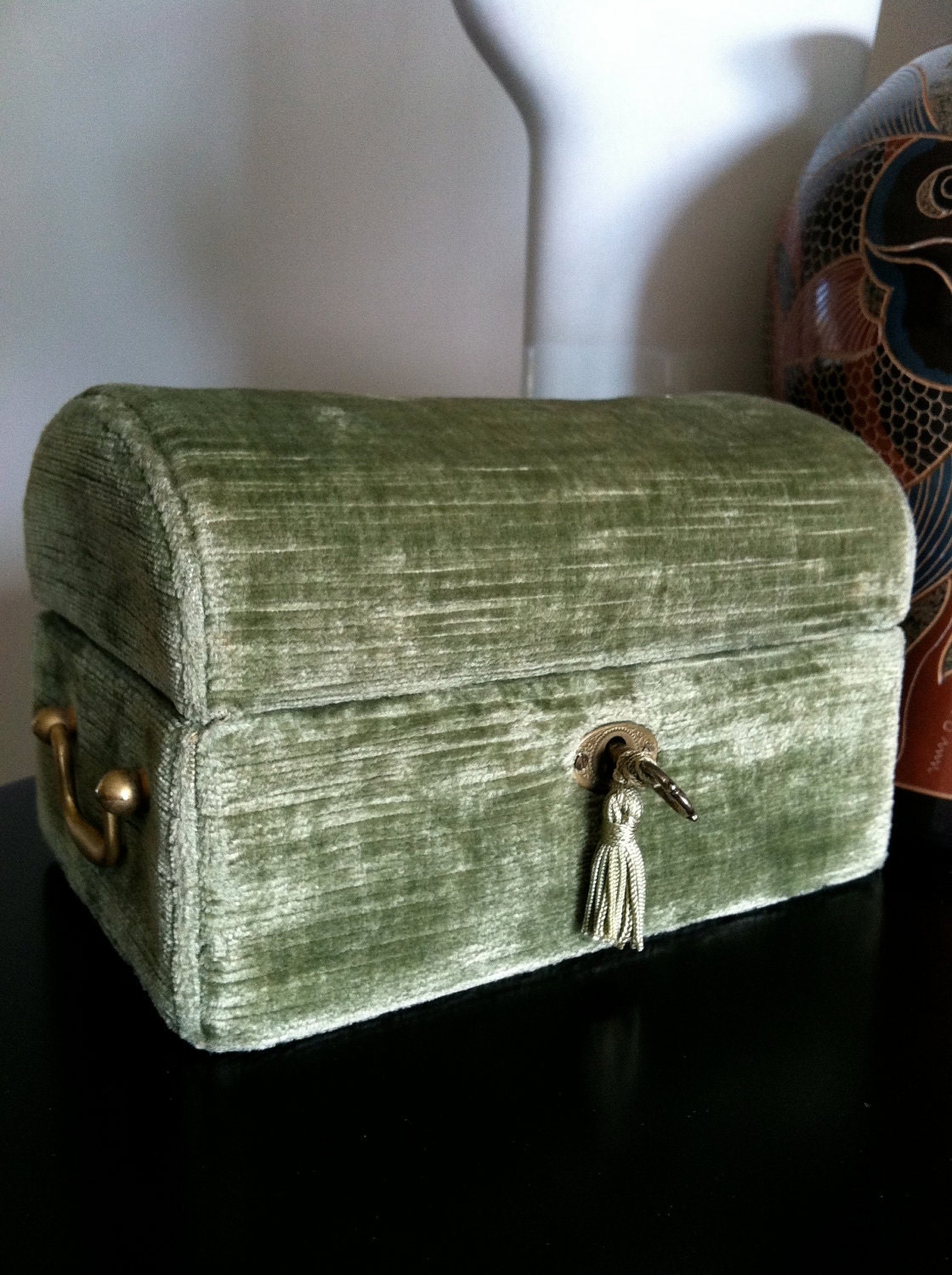 Vintage Velvet Jewelry Box Sage Green Made In Italy For Bloomingdales / Free Shipping Within US