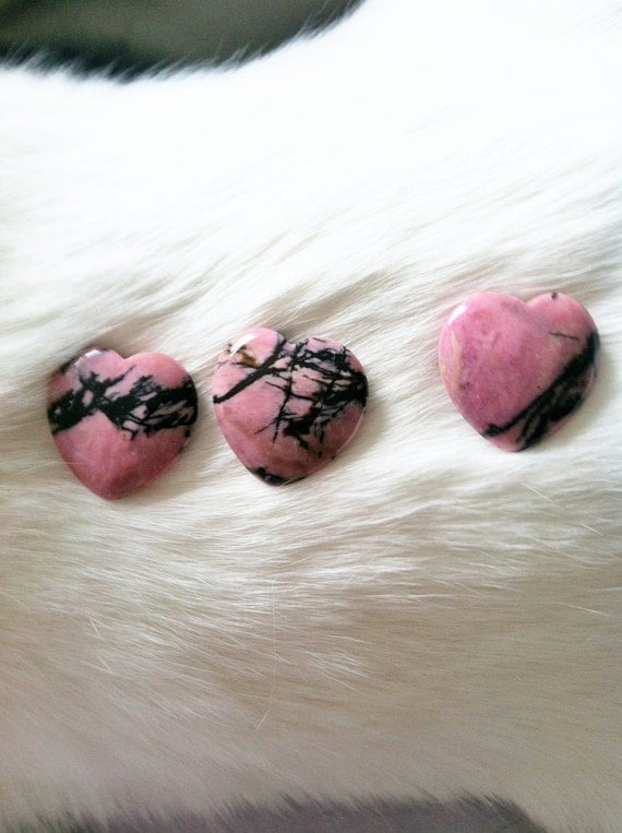 Pink and Black Australian Rhodonite Heart Cabochons Pendants
