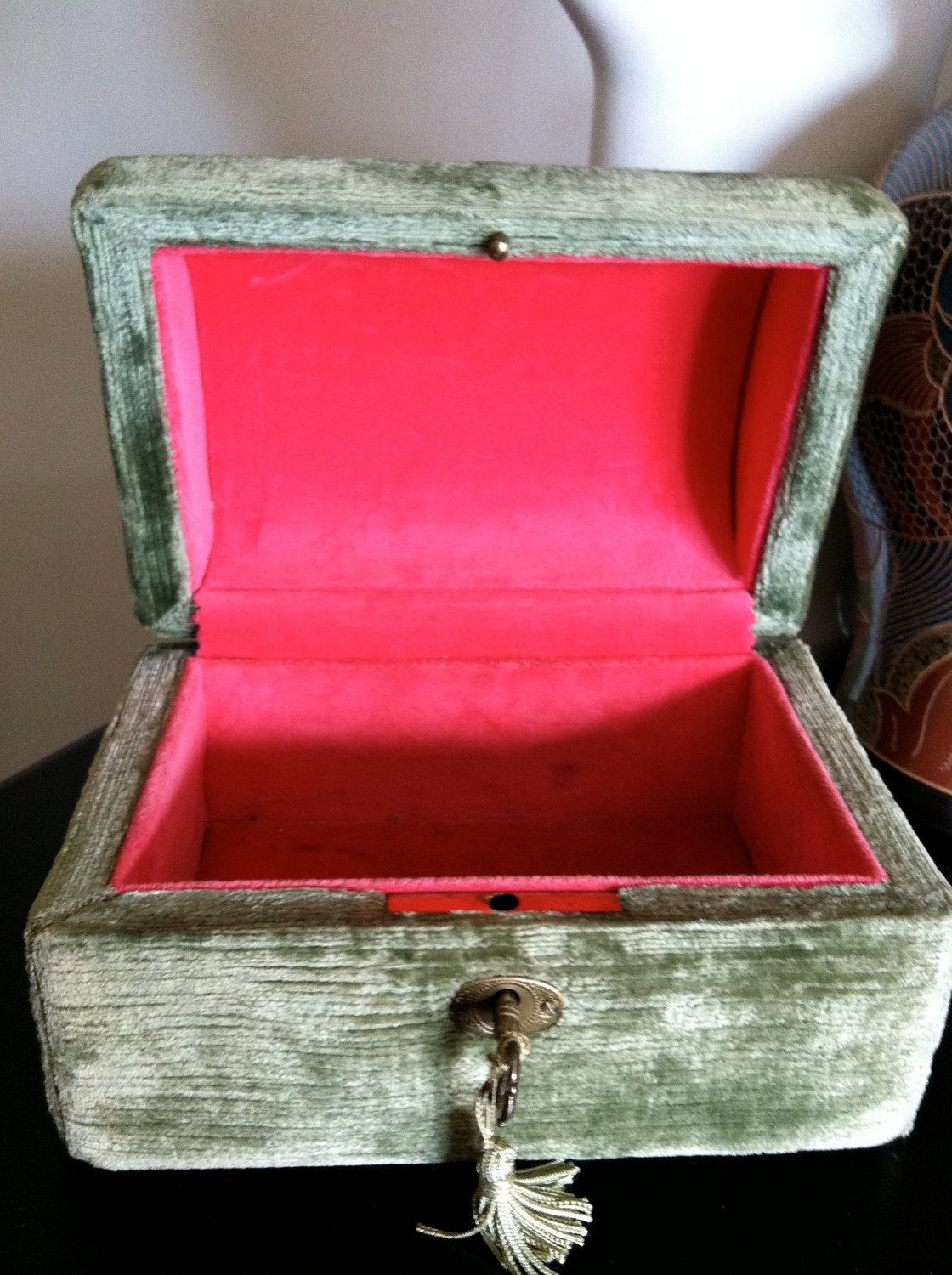 Vintage Velvet Jewelry Box Sage Green Made In Italy For Bloomingdales / Free Shipping Within US