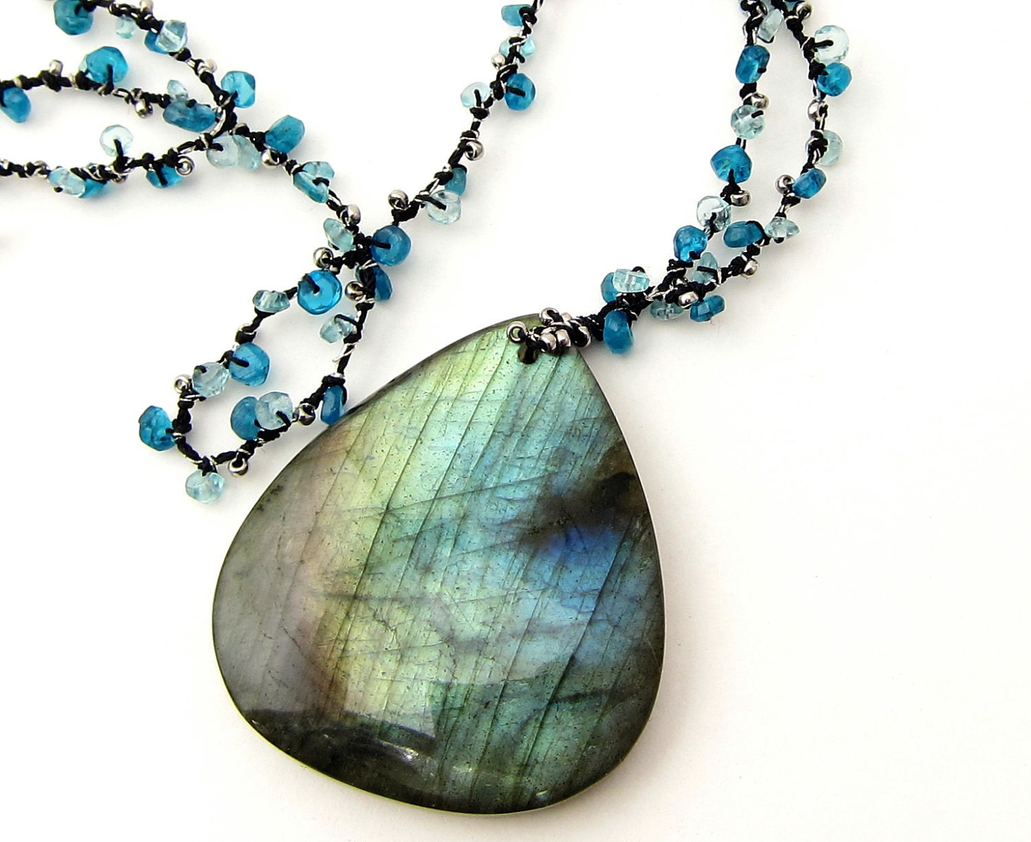 Blue Labradorite Necklace with Apatite Beads Multi Color Pendant Light Dark Blue Teal Large Statement Pendant Teardrop Icy Blue