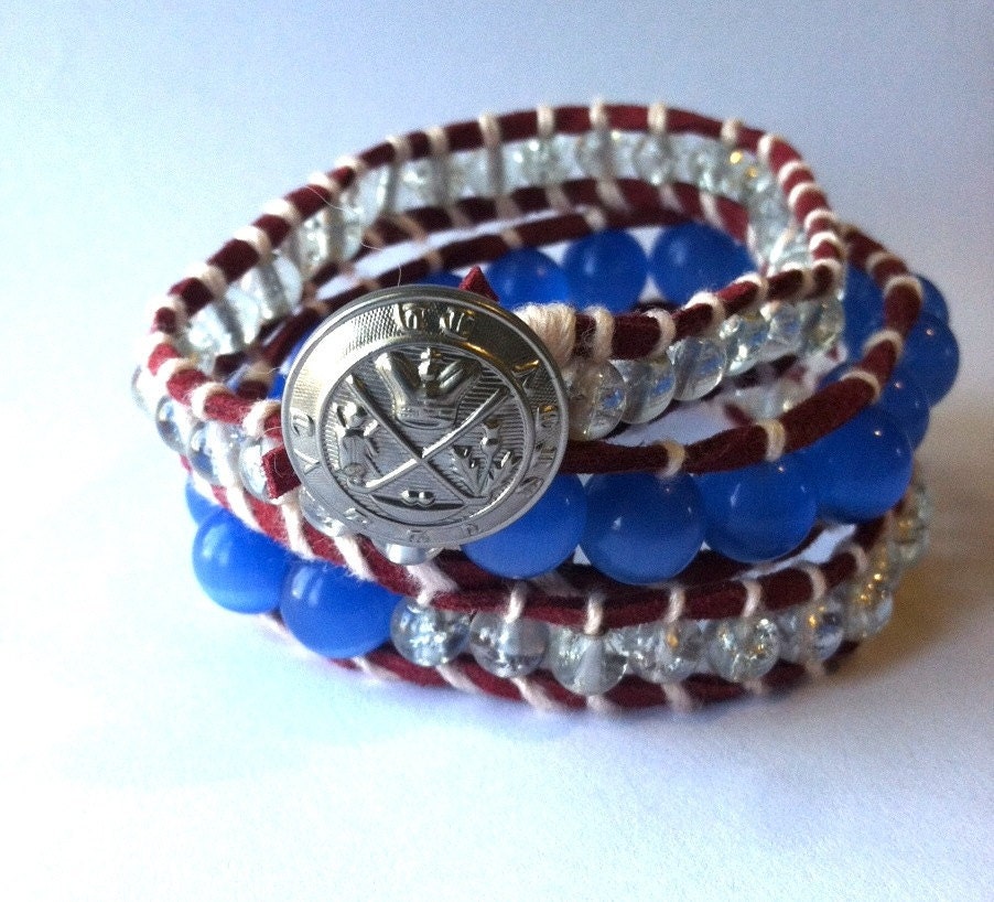 Triple Wrap Beaded Bracelet- Suede with Glass Beads and Blue Cats Eye Beads