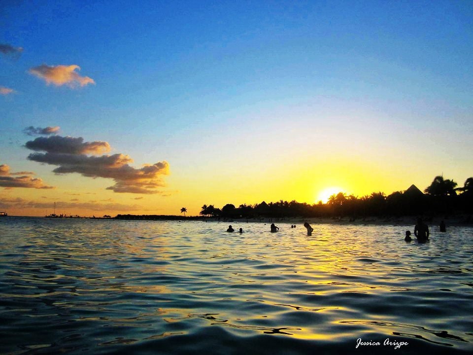 sunset photography, beach photography, gold blue yellow sky, waves ocean sea water, cancun rivera maya mexico, 8x10 print